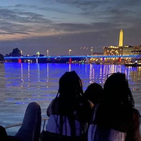 Silhouetted people on a boat with cityscape and monument at dusk.