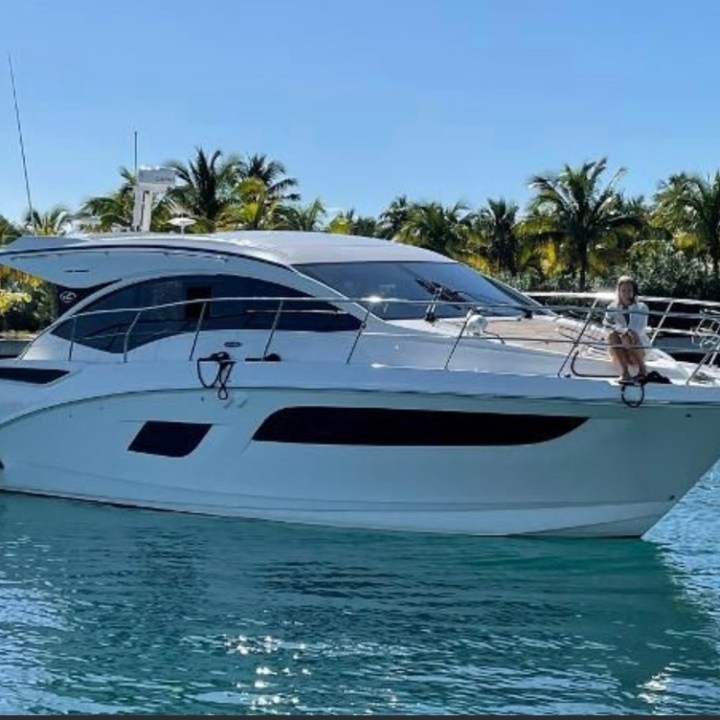 White yacht on water with palm trees in background.