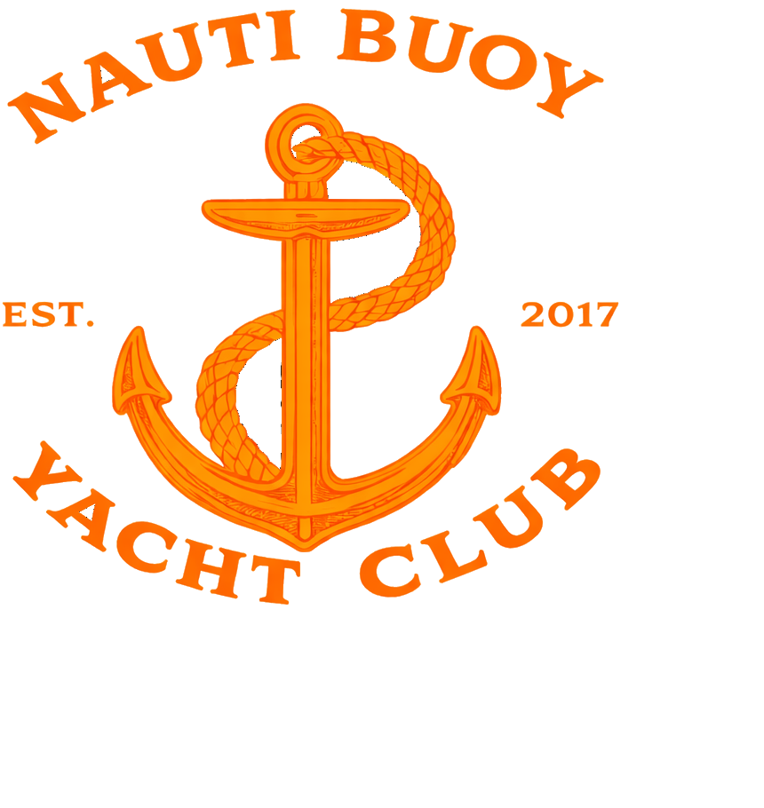 Orange anchor and rope with text 'Nauti Buoy Yacht Club Est. 2017' on a green background.